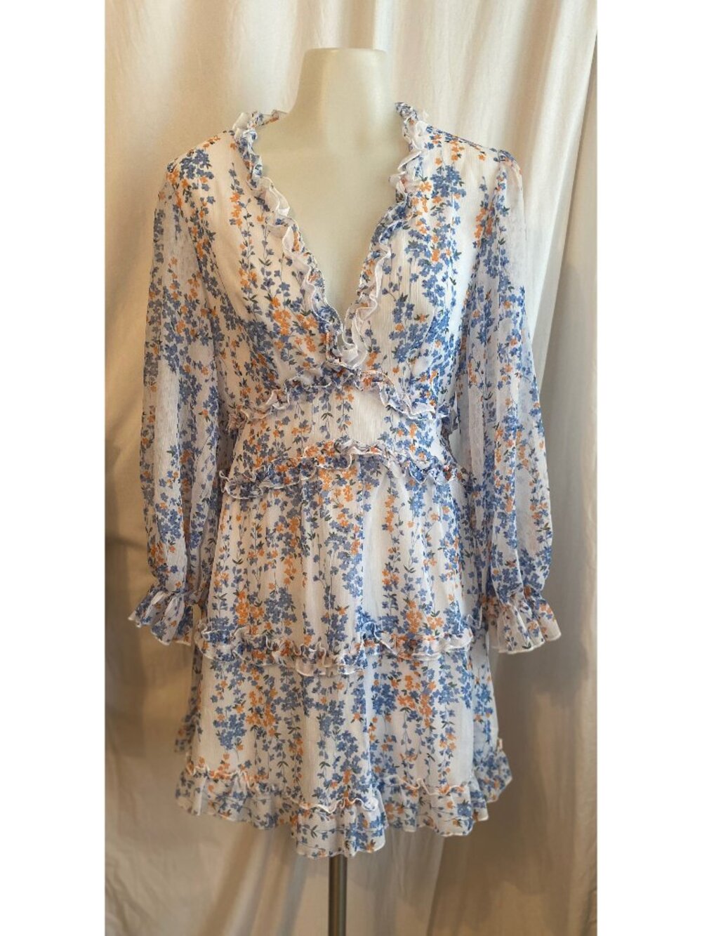 Floral Ruffle Open Back Mini Dress Blue Orange White Long Sleeve S